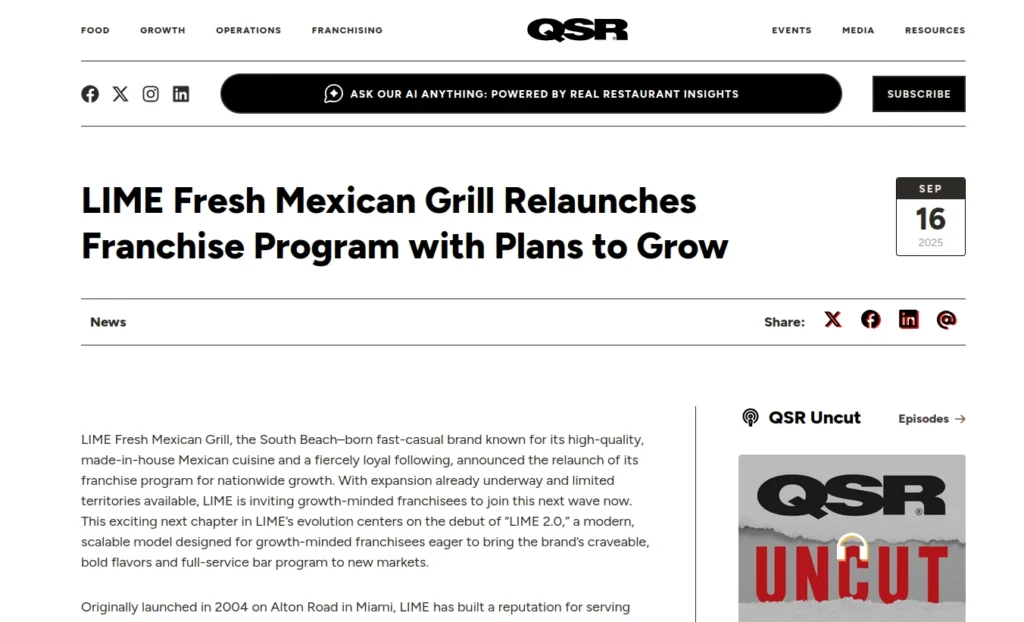 LIME Fresh Mexican Grill Relaunches Franchise Program with Plans to Grow