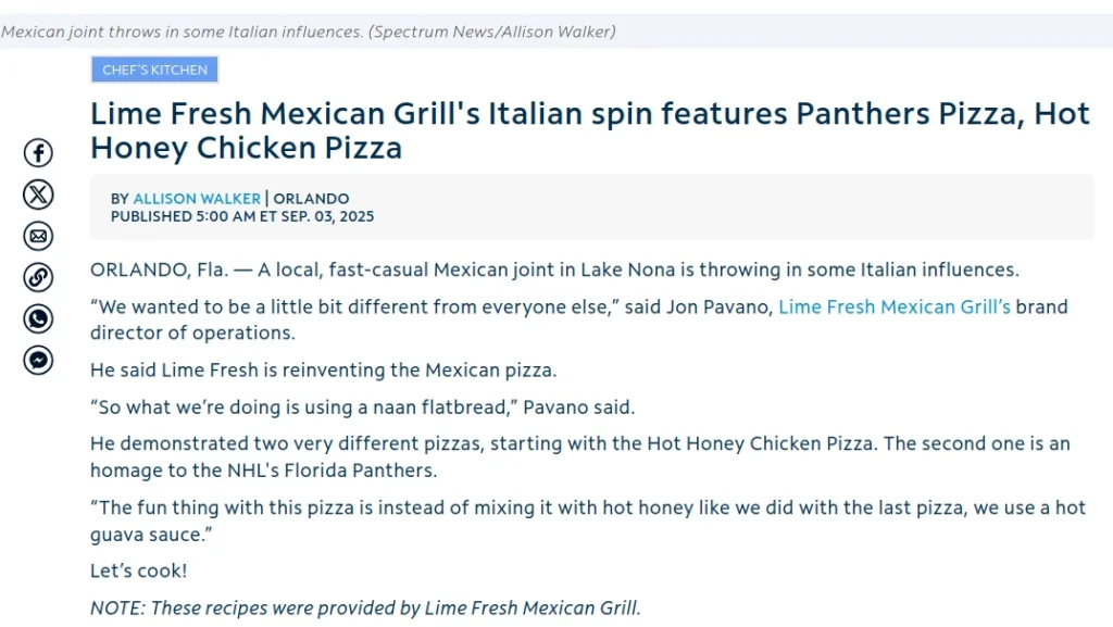Lime Fresh Mexican Grill's Italian spin features Panthers Pizza, Hot Honey Chicken Pizza